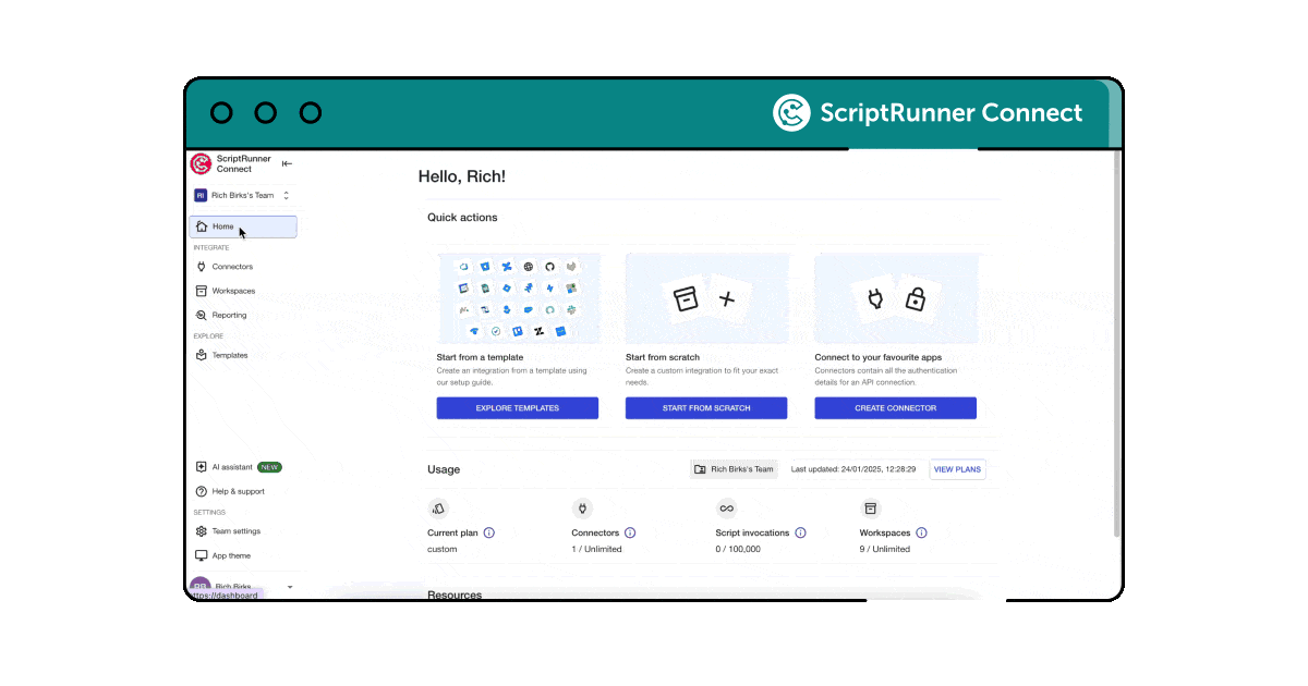 A screen recording GIF of the ScriptRunner Connect interface, showing the user opening the AI assistant window and sending a prompt, which begins to generate code in response