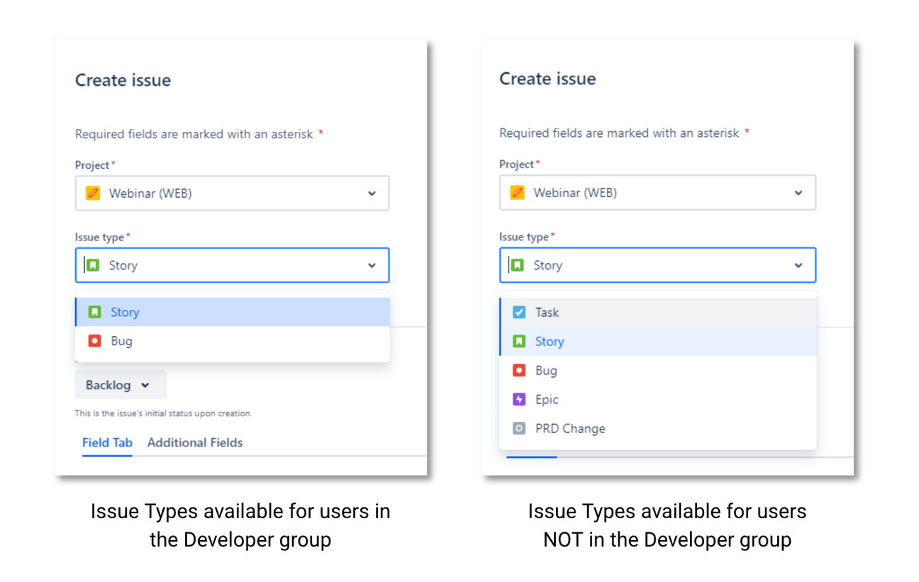 Behaviours is used to hide issue types for certain user groups
