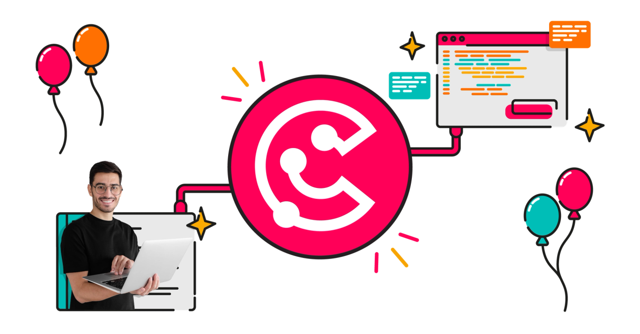 The ScriptRunner Connect logo connecting a person with a laptop with a coding screen surrounded by balloons