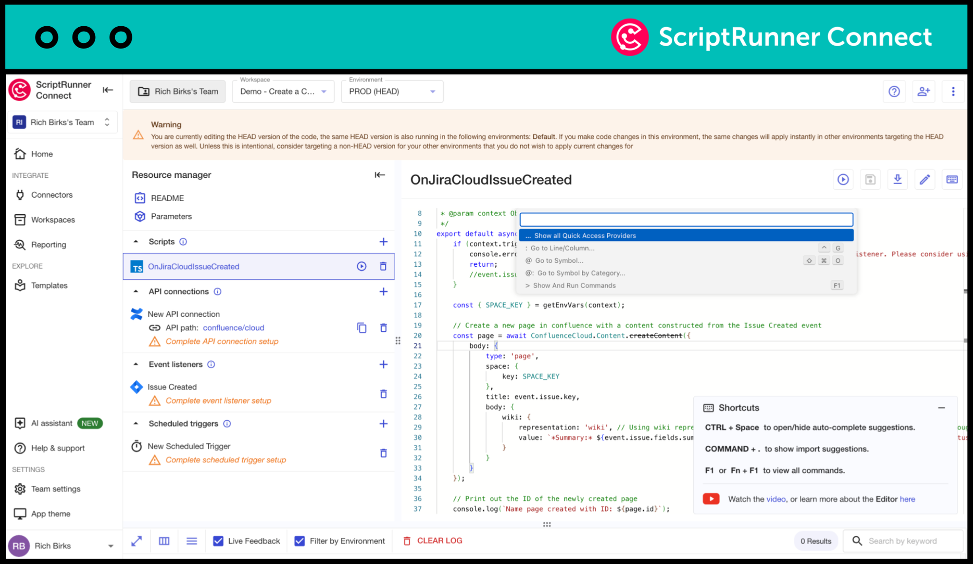 A view of the commands available within the Managed API of ScriptRunner Connect