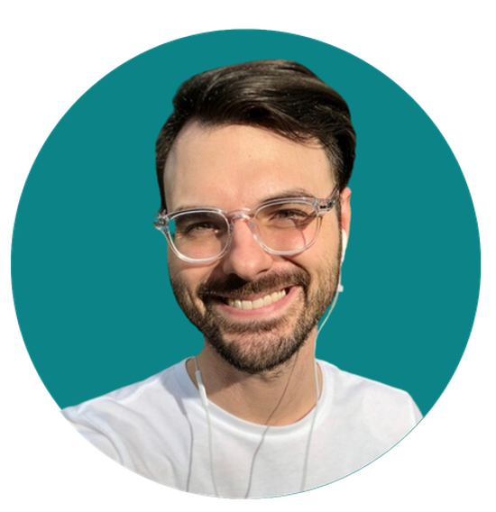 Photo of Timothy against a teal circular background
