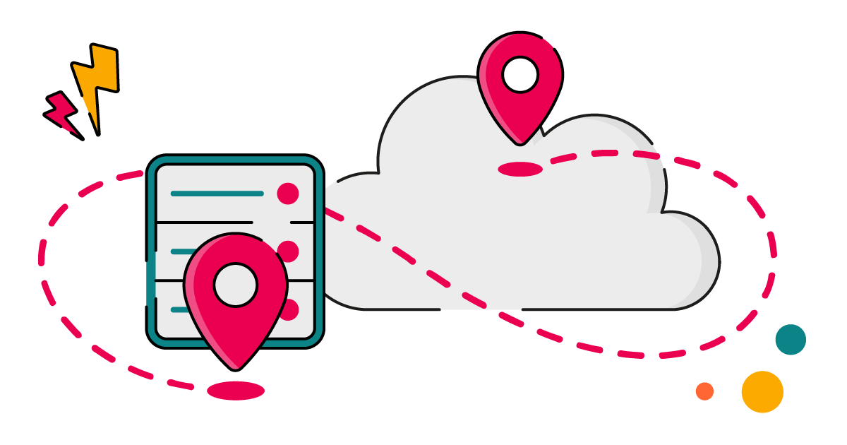 Illustration of a cloud and a server stack connected by a dotted pink path, with bright pink location pins at each end, representing migration from on-premise to the cloud.