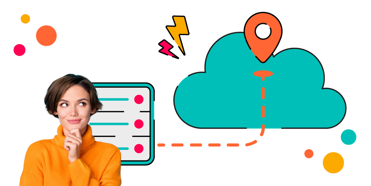 A person with a thoughtful smile looks up to their left, where a dotted line joins data center and cloud illustrated icons