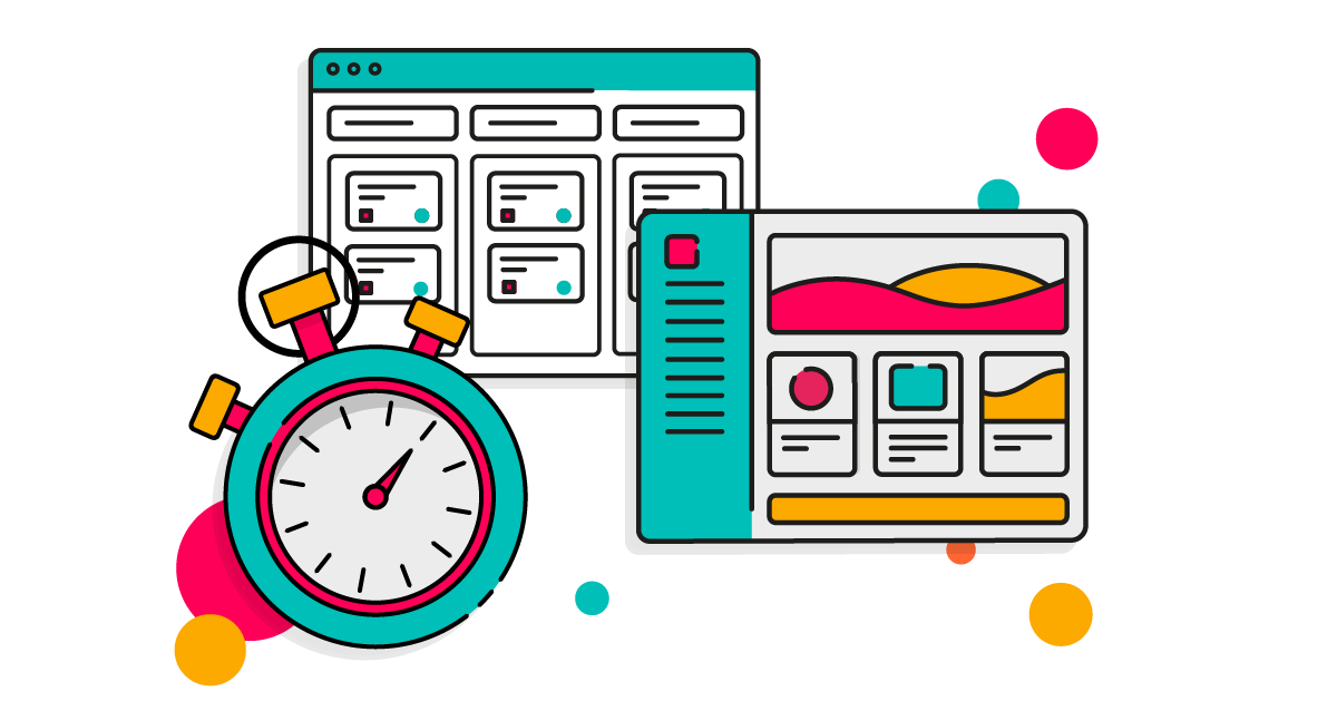 An illustration of a stopwatch in front of a kanban board