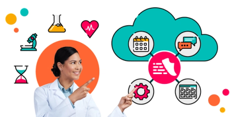 Smiling scientist in a white lab coat points toward a large cloud graphic with connected icons representing scheduling, messaging, settings, and a kanban board, surrounded by colourful medical and lab symbols such as a microscope, beaker, heart monitor, and hourglass.