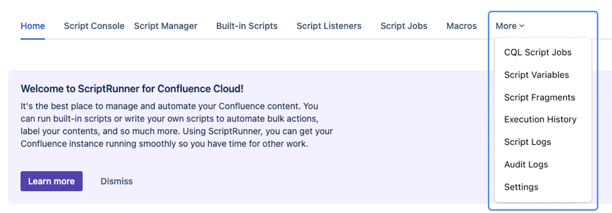 A screenshot of new UI in ScriptRunner for Confluence showing a new 'more' menu with access with many popular features