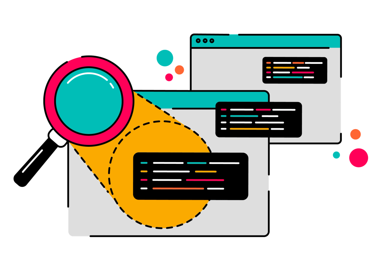 Illustration of a magnifying glass shining a light on several script windows