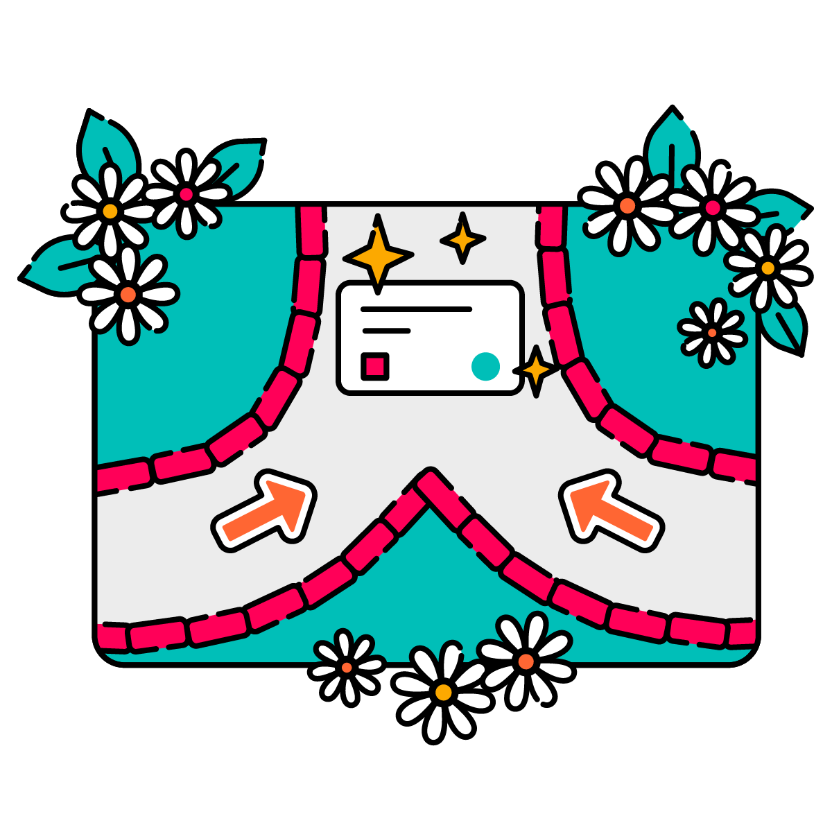 Two neat garden pathways converge, pointing to a Jira issue card with flowers around it 