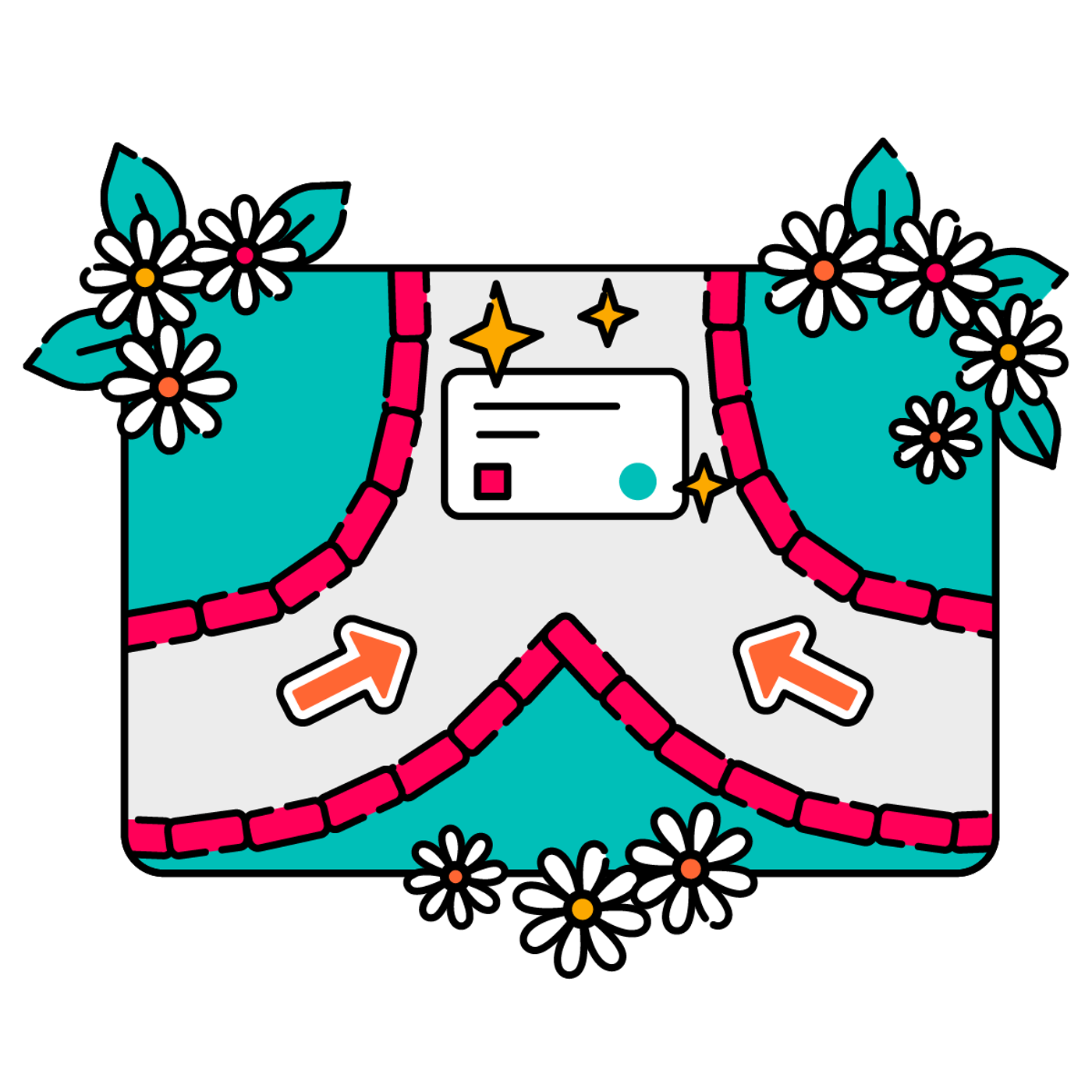 Two neat garden pathways converge, pointing to a Jira issue card with flowers around it 