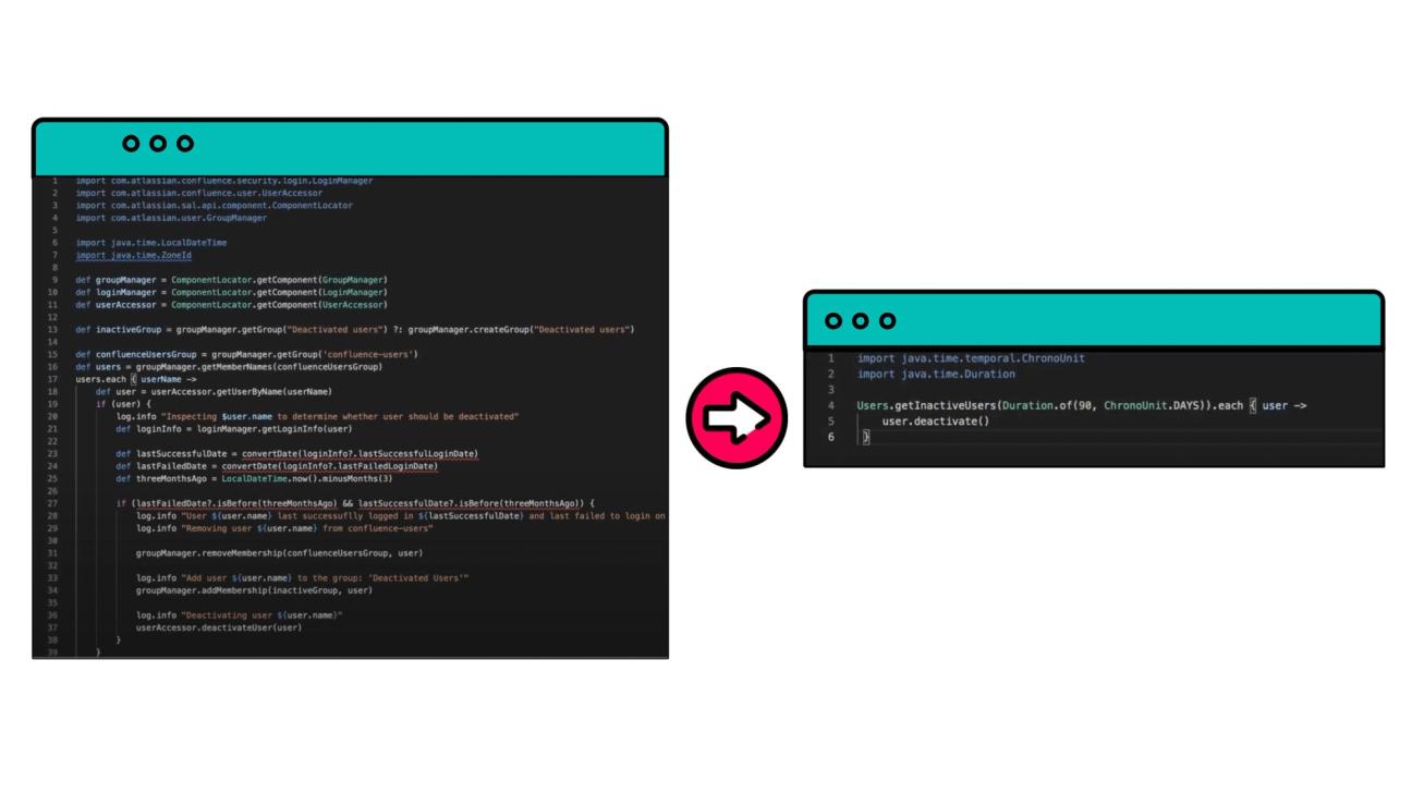 A long script on the left compares itself to a tiny HAPI script on the right
