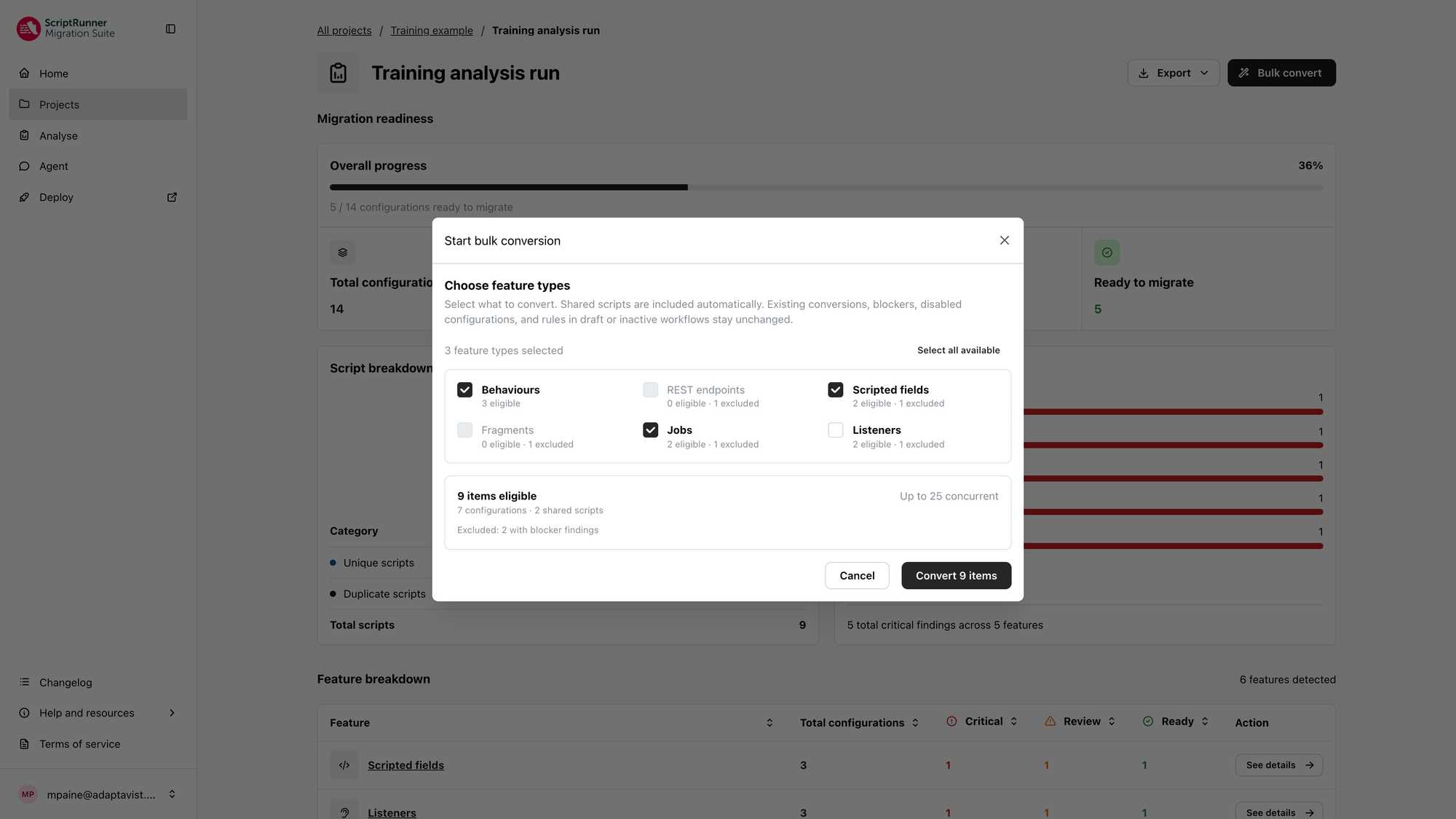 Modal window in the ScriptRunner Migration Suite interface titled “Start bulk conversion”. The modal shows options to choose feature types for conversion, with tick boxes for Behaviours, Fragments, REST endpoints, Jobs, Scripted fields, and Listeners, along with counts of eligible and excluded items.