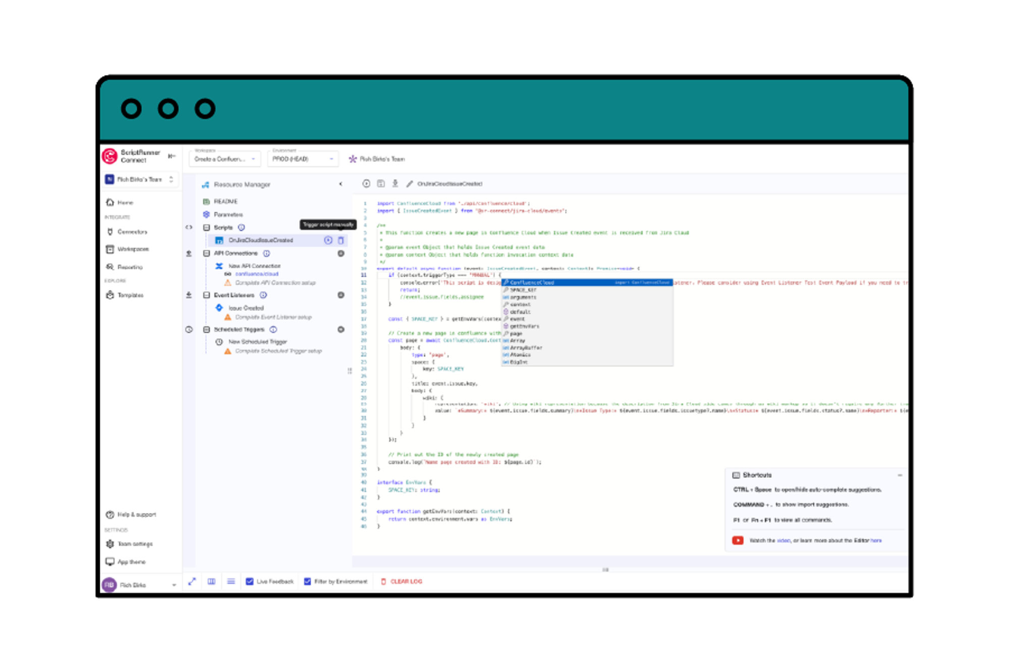 A screenshot of the code editor feature in ScriptRunner Connect showing available managed API functionality and the capability to trigger scripts manually