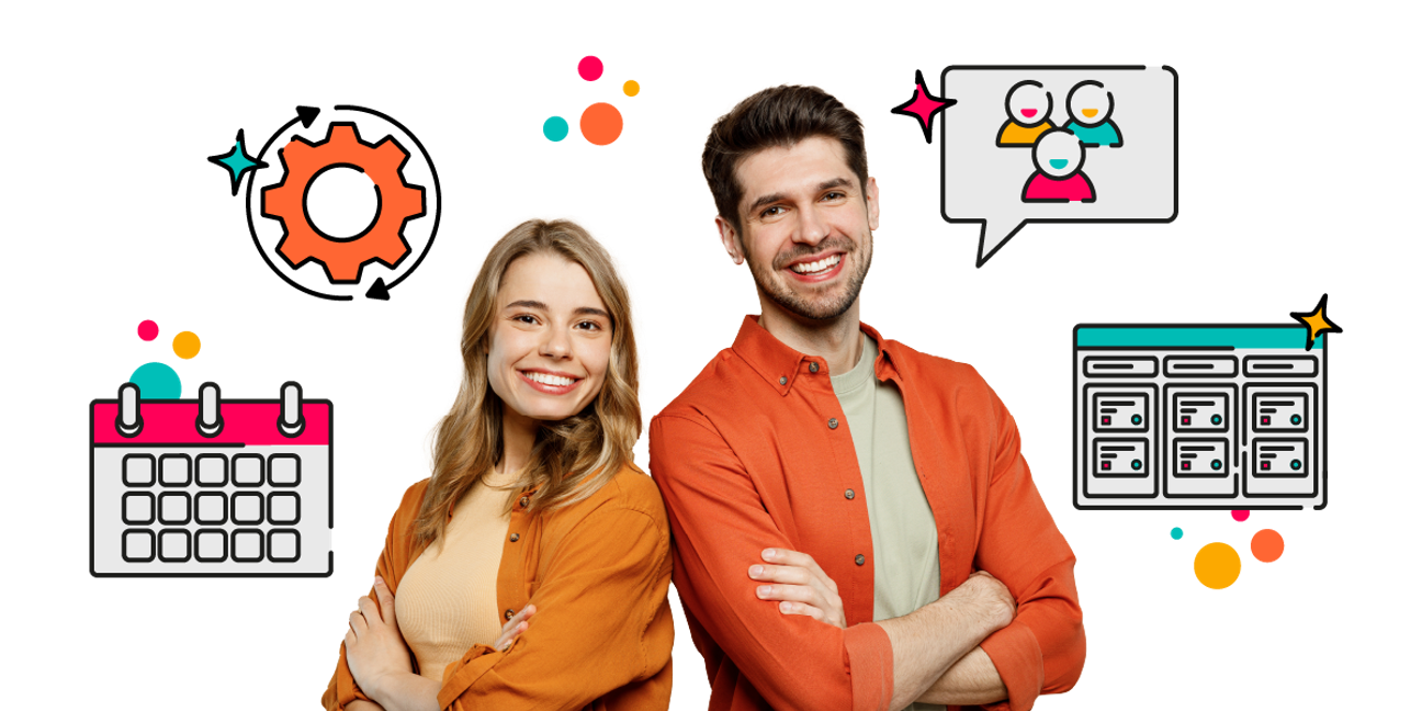 Two people smiling, surrounded by floating icons like a calendar, a chat bubble and a people icon, symbolising event participation