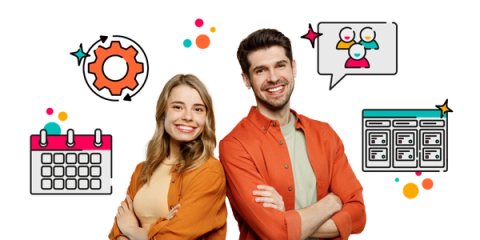 Illustration of two people smiling surrounded by icons such an event calendar and a people icon to symbolise event participation