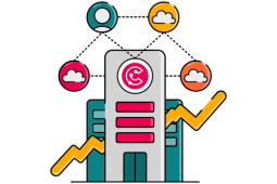 Several buildings stand in front of a yellow, rising stock line whilst a central ScriptRunner Connect logo connects outward to various Cloud product icons and a person icon