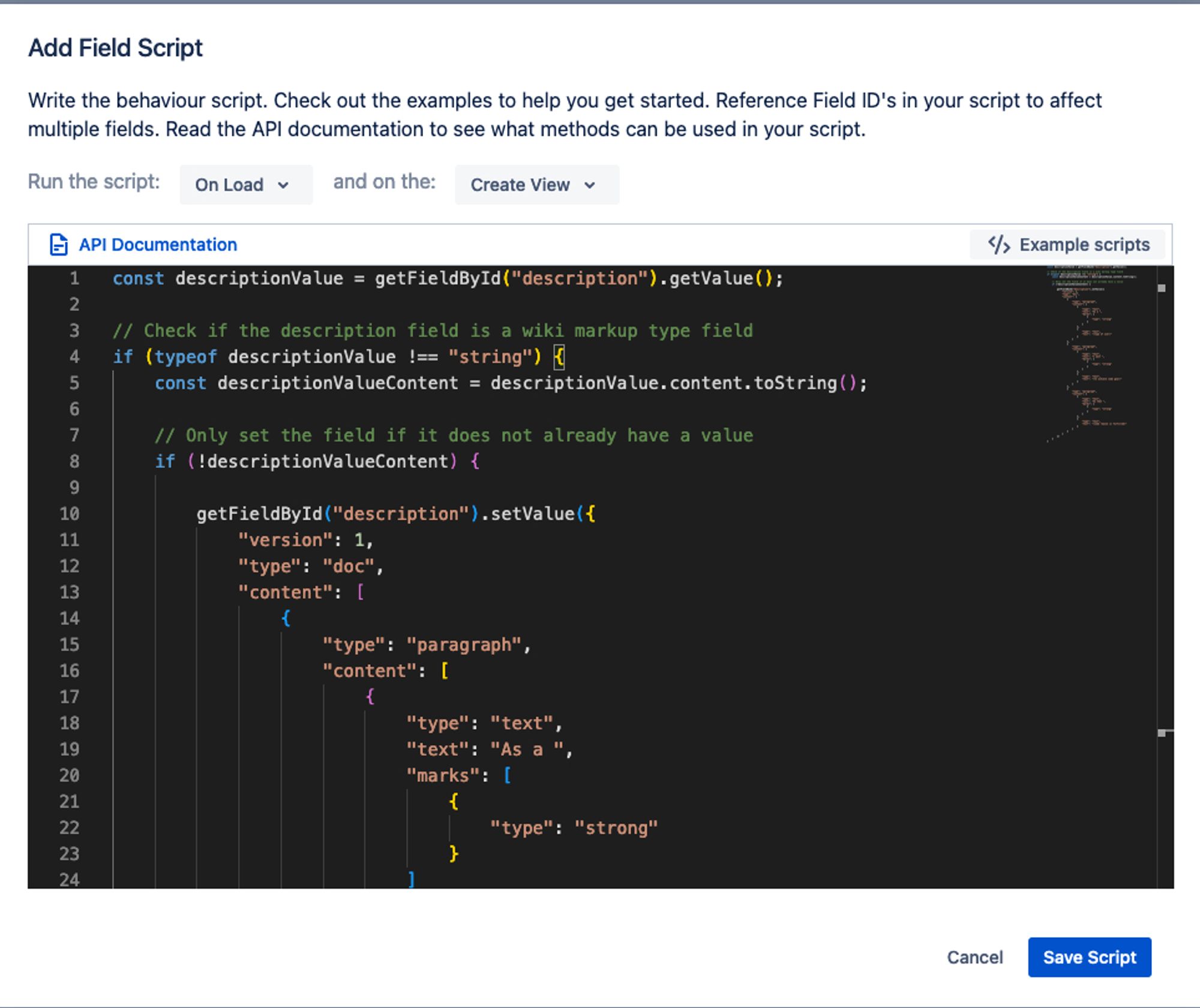 A screenshot of how the Add Field Script code box should look