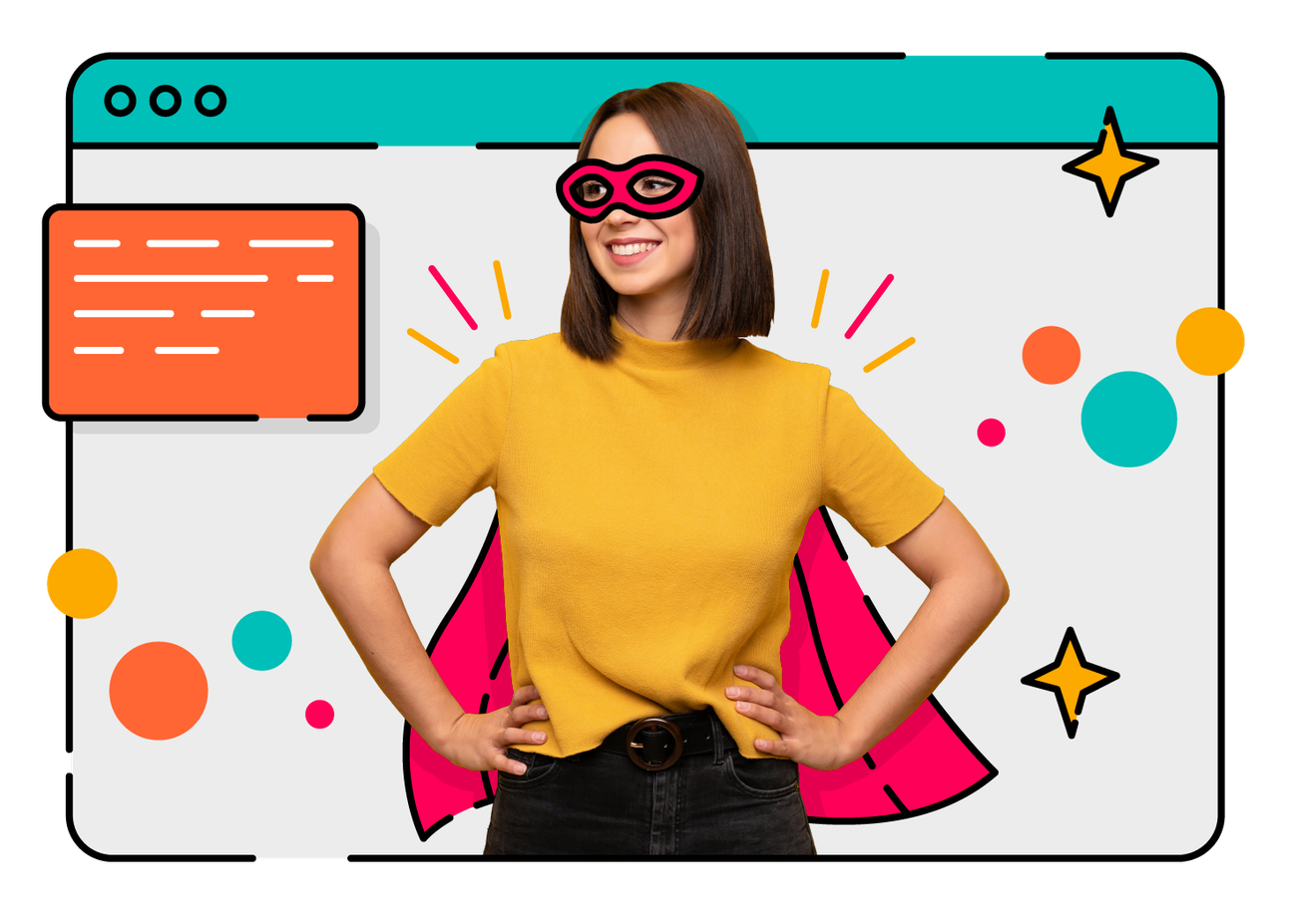 Lady in yellow t-shirt dressed in a superhero cape and mask