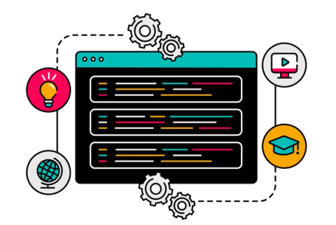 Lines of code listed on a web browser, surrounded by icons such as a lightbulb, a globe and cogs.