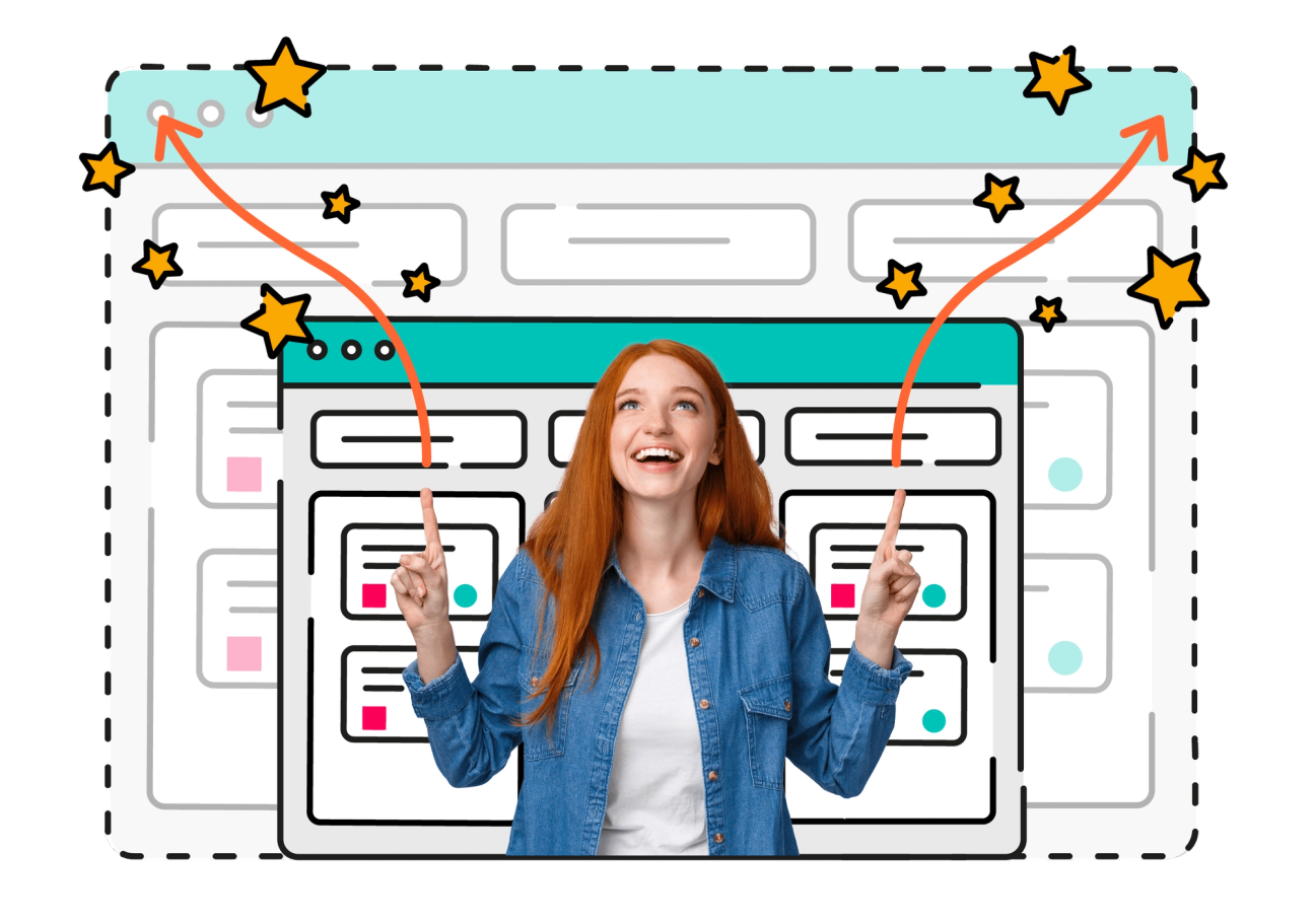 A person smiles in front of a Jira board, with arrows extending from their fingers pointed upwards. The arrows show the Jira board expanding, surrounded by star icons.