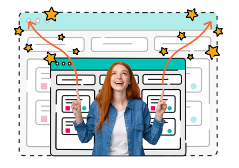 A person smiles in front of a Jira board, with arrows extending from their fingers pointed upwards. The arrows show the Jira board expanding, surrounded by star icons.