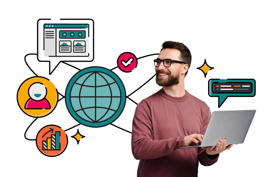 A person with a beard and glasses, wearing a long‑sleeved pink top, smiles while using a laptop. Behind them is a collage of colourful illustrated icons— a globe symbolising the web, a website interface, a user profile, a bar chart with an upward arrow, a chat bubble with lines of code, a tick in a circle, and decorative sparkles — all connected by flowing lines to suggest digital collaboration, communication, and online productivity.