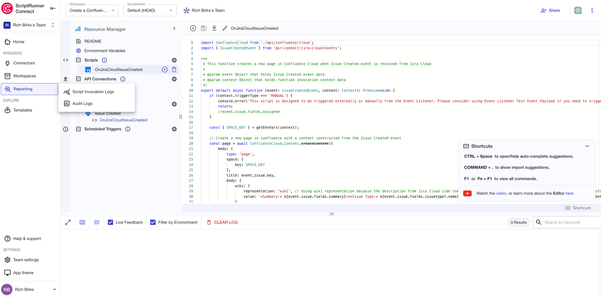 A PNG image showing how users can select Audit Logs in ScriptRunner Connect