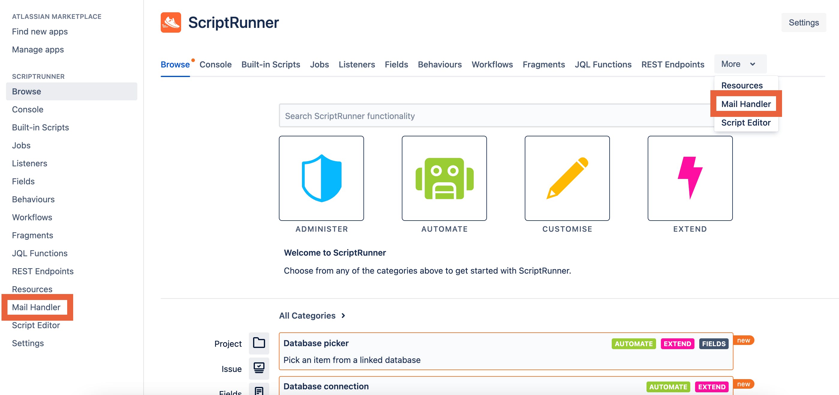 ScriptRunner for Jira's Mail Handler can now be found in both the left hand menu and the top menu, under 'More'
