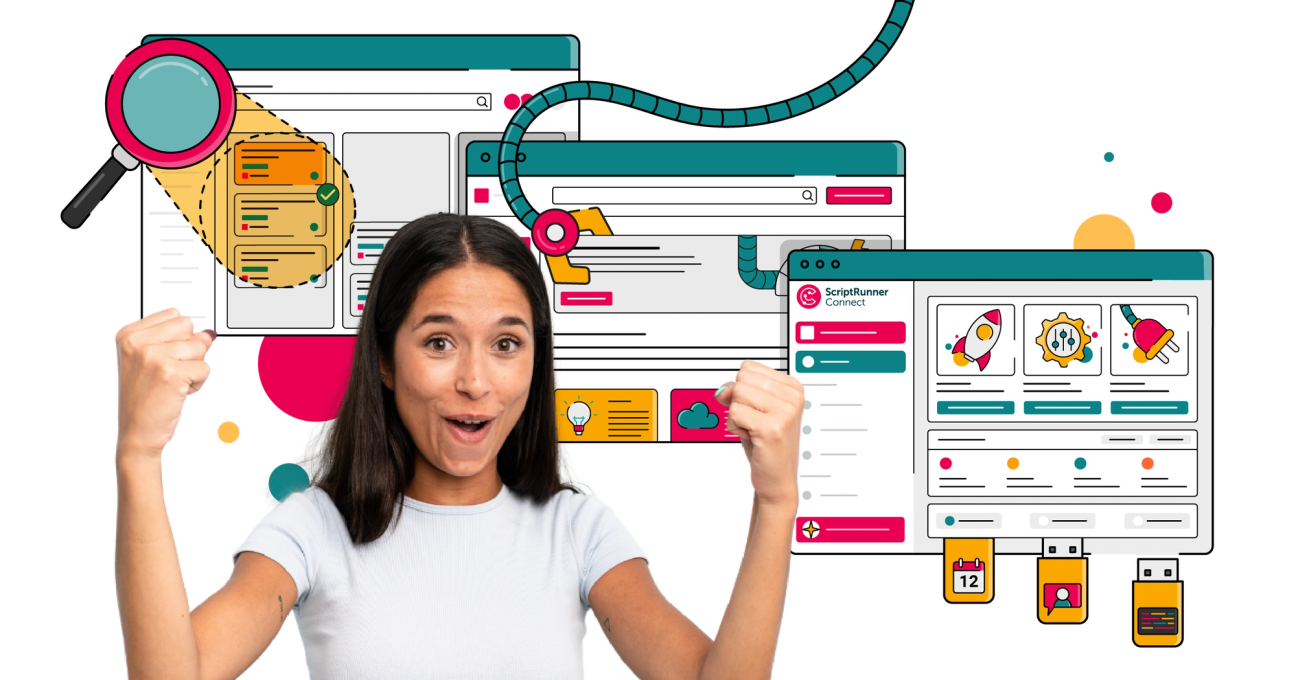 Person looking happy in front of ScriptRunner UI windows for each product app