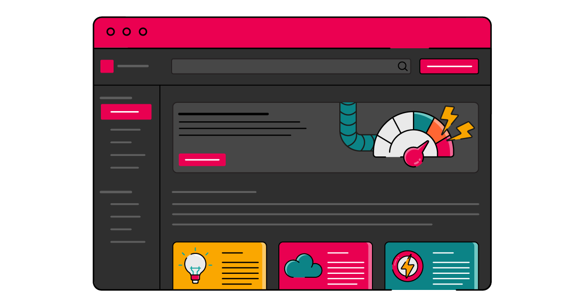 Illustration of a dark‑mode ScriptRunner for Confluence dashboard in a browser window with a bright pink header—showing a central panel featuring a speed‑gauge graphic with lightning bolts, side navigation on the left, and colourful tiles along the bottom representing ideas, cloud, and power features.