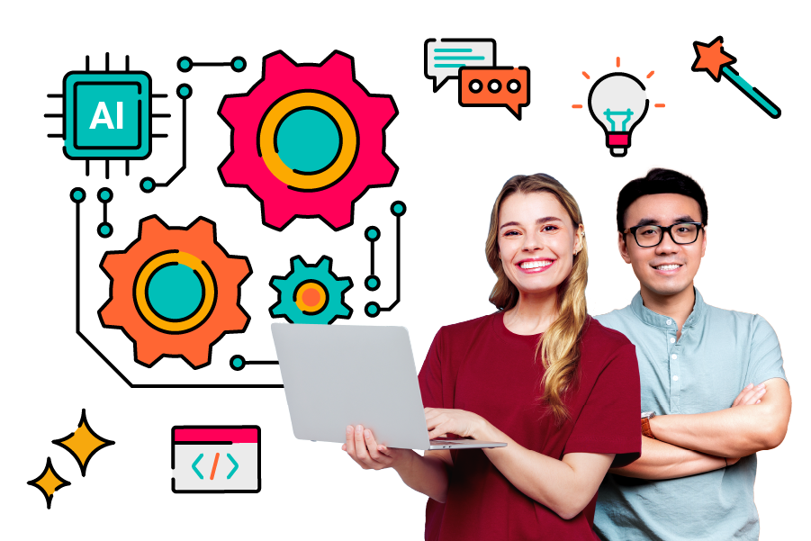 Two smiling people stand side by side, one holding an open laptop, in front of colourful tech‑themed illustrations. Behind them are large interconnected cogs, an AI chip, speech bubbles, a light bulb, a magic wand, sparkles, and a small code window, suggesting collaboration, automation, and innovation.