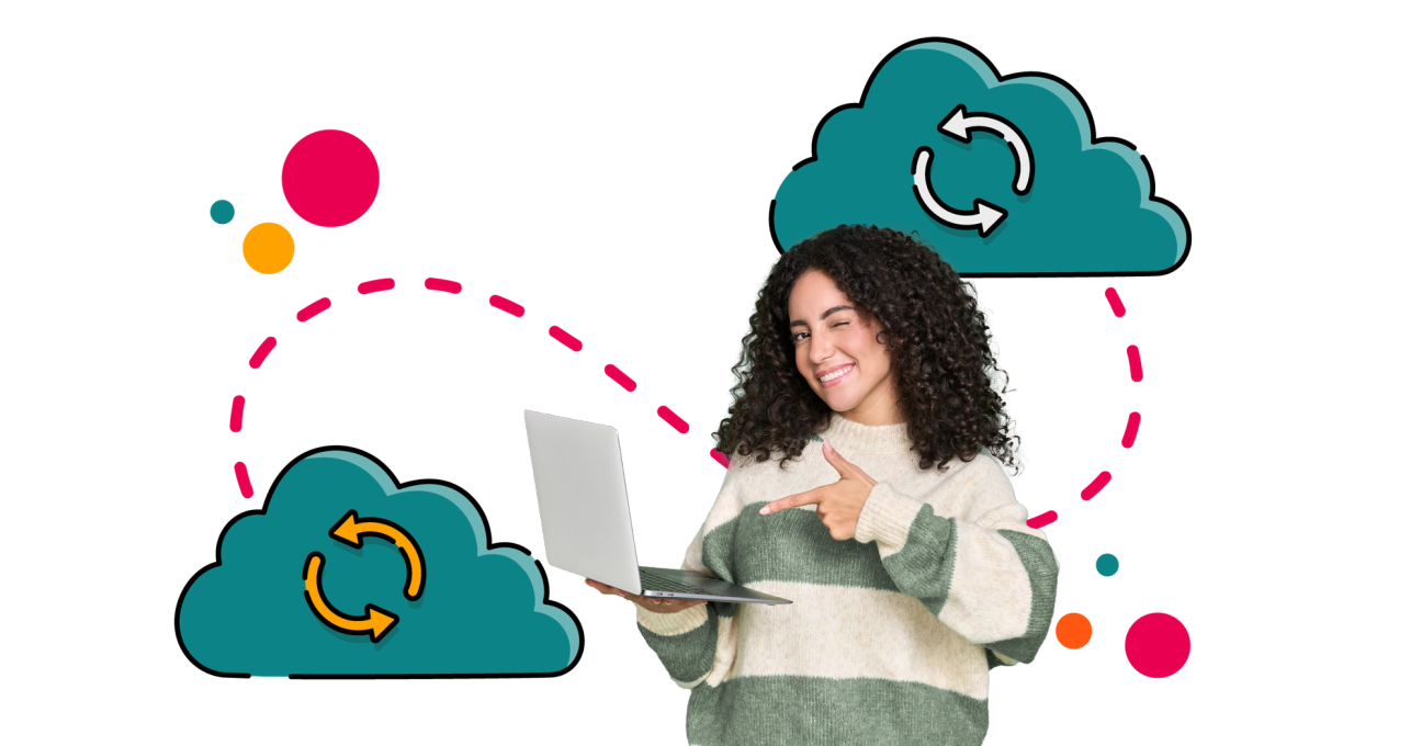 Smiling person in a striped jumper holds an open laptop and points at it while winking, standing between two illustrated cloud icons with circular sync arrows, joined by a dotted path and colourful dots — suggesting easy, connected cloud automation or migration.