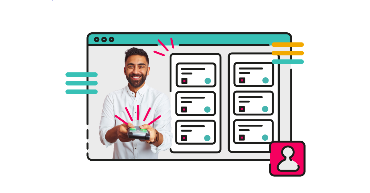 A happy person presses a button on a controller while standing in front of a Jira Kanban board