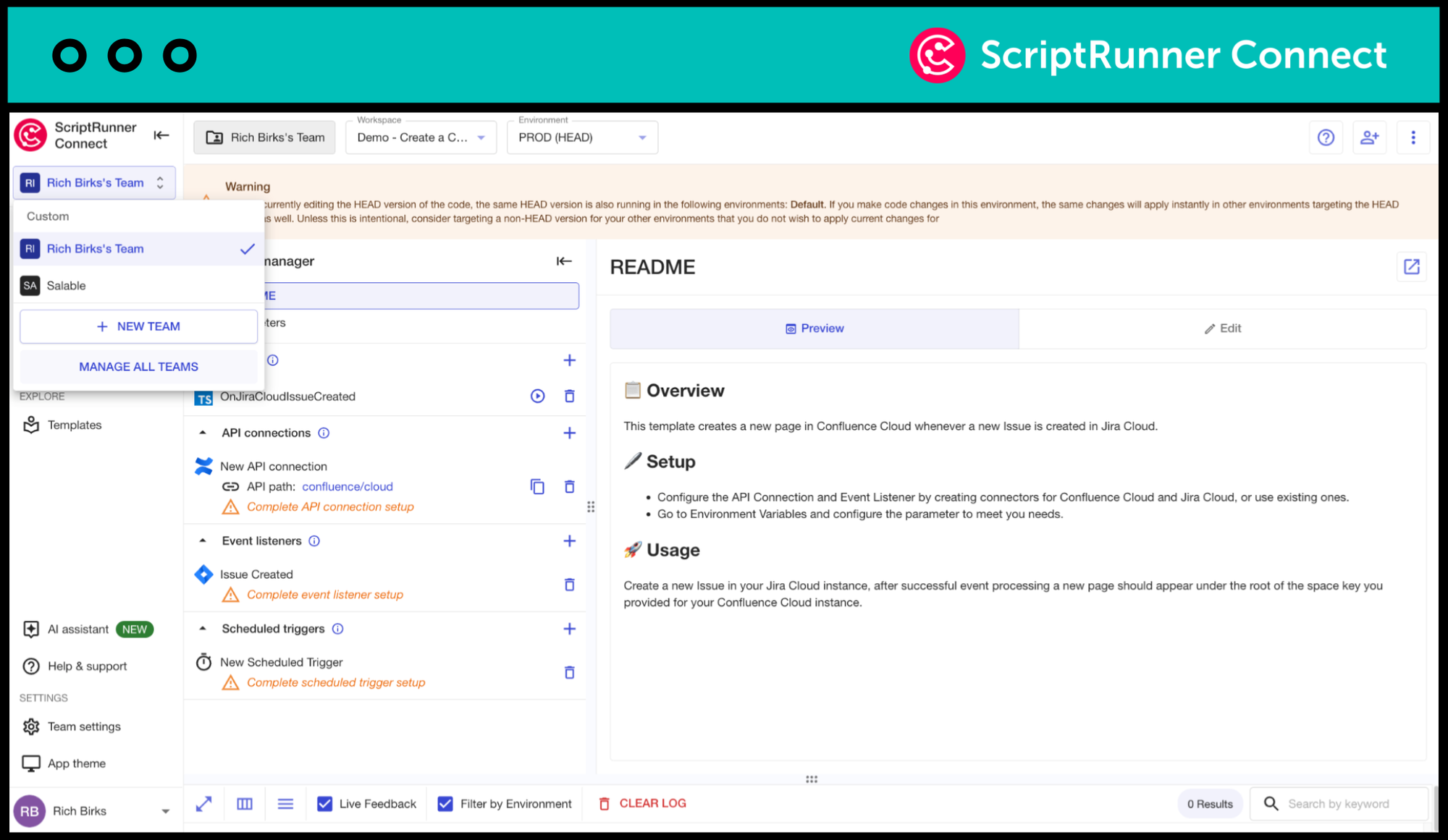 A view of how a user can manage teams within ScriptRunner Connect