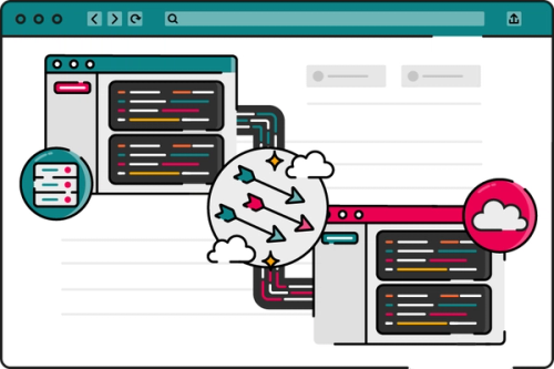 Illustration of two code editor windows connected by colourful lines across a larger browser screen, with icons of scripted text on the left and a cloud on the right. In the centre, a circle filled with multicoloured arrows and small clouds suggests scripts, data, or automations moving seamlessly between systems.