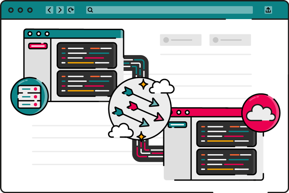 Illustration of two code editor windows connected by colourful lines across a larger browser screen, with icons of scripted text on the left and a cloud on the right. In the centre, a circle filled with multicoloured arrows and small clouds suggests scripts, data, or automations moving seamlessly between systems.