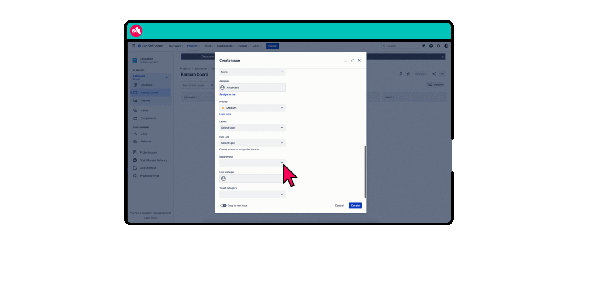 A jira issue with a dropdown that changes field based on the options on the department dropdown menu