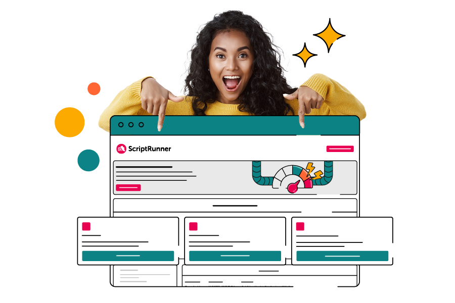 Person in a yellow jumper smiling excitedly and pointing down at a large illustrated ScriptRunner for Confluence interface, which shows a dashboard with cards, widgets, and a colourful gauge icon—surrounded by playful circles and sparkles to suggest powerful, engaging software.