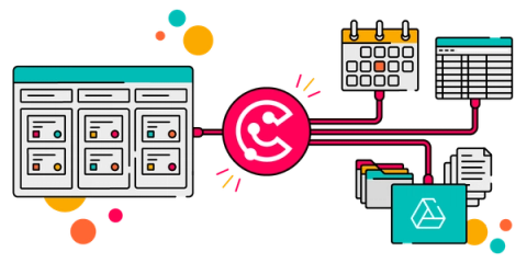Illustration with ScriptRunner Connect’s pink circular logo in the centre, with bold lines connecting it to several stylised app interfaces—a Kanban-style board on the left, and on the right a calendar, a spreadsheet, a stack of folders and documents, and a teal panel with a Google Drive icon.