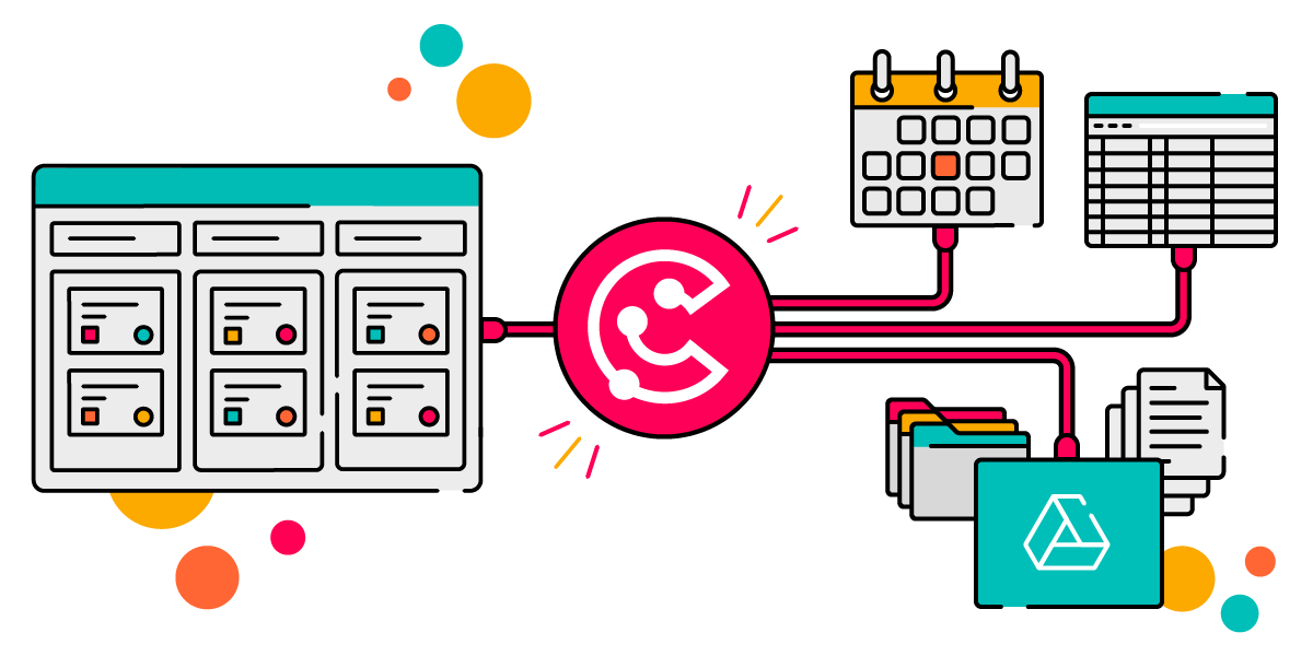 Illustration with ScriptRunner Connect’s pink circular logo in the centre, with bold lines connecting it to several stylised app interfaces—a Kanban-style board on the left, and on the right a calendar, a spreadsheet, a stack of folders and documents, and a teal panel with a Google Drive icon.