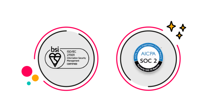 Images of ISO/IEC 27001 and SOC2 badges 