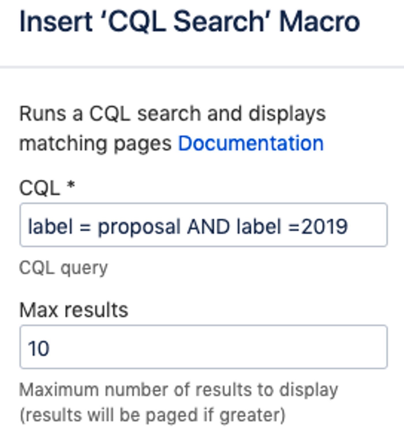 A screenshot of the insert CQL Search macro
