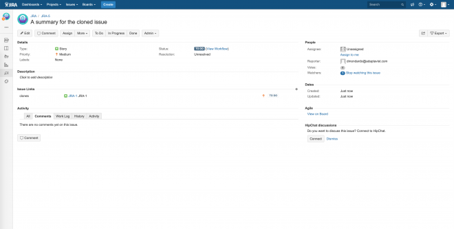 Screenshot of a cloned issue on Jira