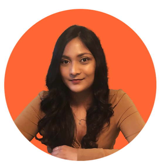 Photo of Hemah against an orange circular background