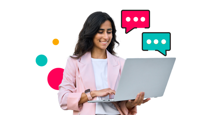 A person in a pink blazer works on a laptop surrounded by chat icons