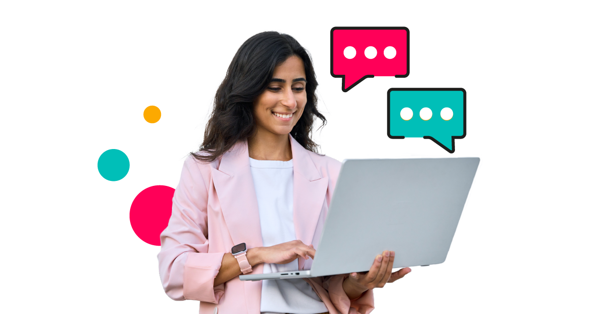 A person in a pink blazer working on a laptop surrounded by chat bubbles