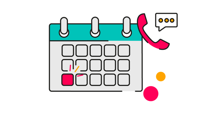 Illustration of a calendar next to a pink telephone surrounded by speech bubbles