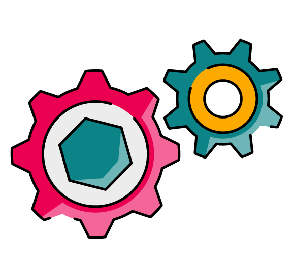 Illustration of two colourful interlocking cogs—one large pink cog with a teal hexagon centre in the foreground, and one smaller teal cog with an orange ring in the background—symbolising settings, automation, and processes working together.
