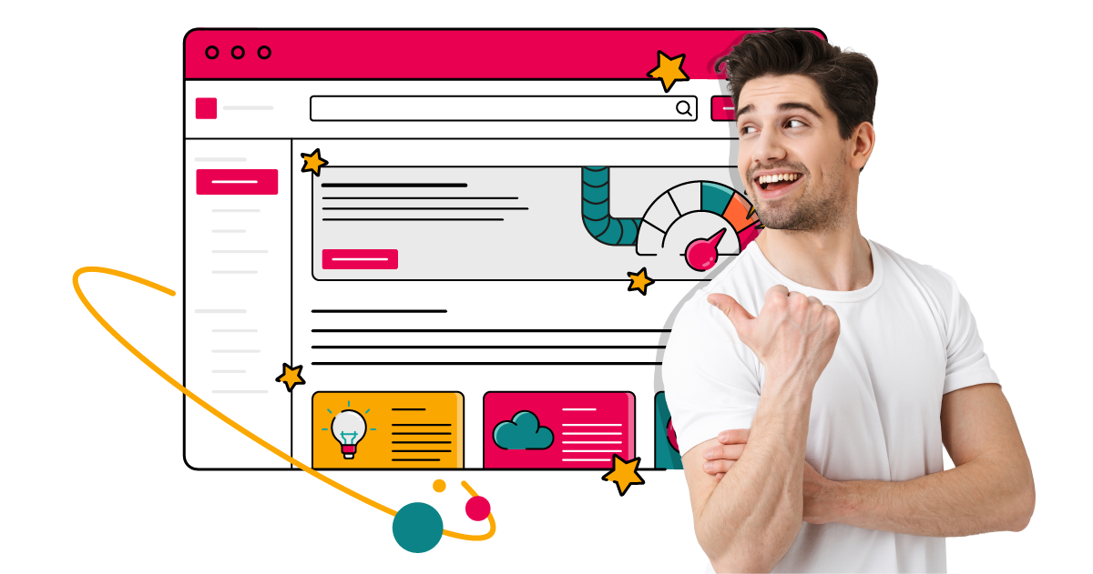 A person in a white T‑shirt stands in front of an illustrated Confluence window, smiling and confidently pointing over their shoulder towards colourful panels, a speedometer‑style gauge, and scattered stars—suggesting powerful tools and ideas.