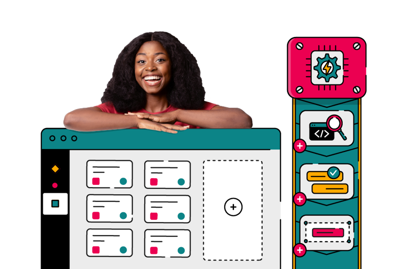 Smiling person leaning on the top edge of an illustrated ScriptRunner Jira Isolated Cloud interface that shows a grid of configurable tiles and a large “add” panel—next to a vertical strip of colourful icons representing automation, code search, approvals, and integrations, suggesting powerful customisation and control.