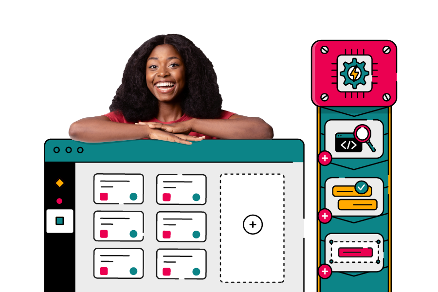 Smiling person leaning on the top edge of an illustrated ScriptRunner Jira Isolated Cloud interface that shows a grid of configurable tiles and a large “add” panel—next to a vertical strip of colourful icons representing automation, code search, approvals, and integrations, suggesting powerful customisation and control.